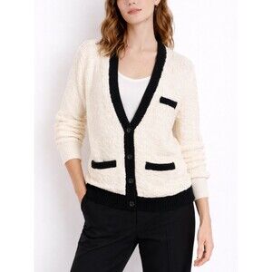 Intermix Button Front Cardigan Women's Medium Cream Black Trim Knit Classic Chic